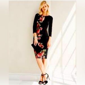 NWOT WHBM Women's Reversible 3/4 Sleeve Black Floral Sheath Dress